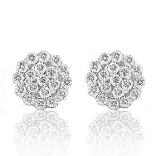 14K Solid White Gold Round Cut Diamond Cluster Earrings 3.00 Ctw