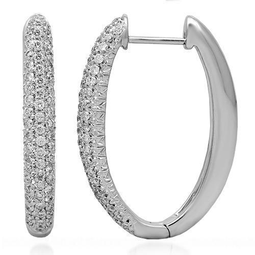 White 14K Solid White Gold Womens Diamond Hoop Earrings 1.00 Ctw
