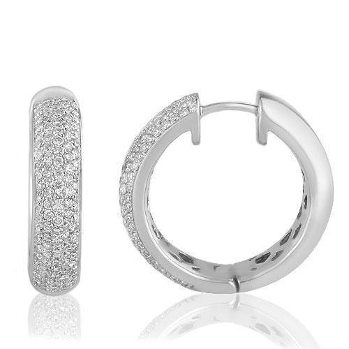 14K Solid White Gold Womens Diamond Hoop Earrings 1.25  Ctw
