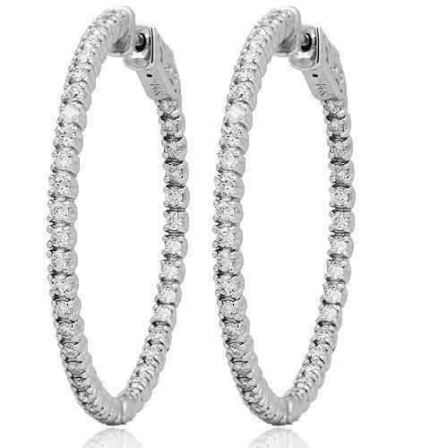 14K Solid White Gold Womens Diamond Hoop Earrings 1.75 Ctw