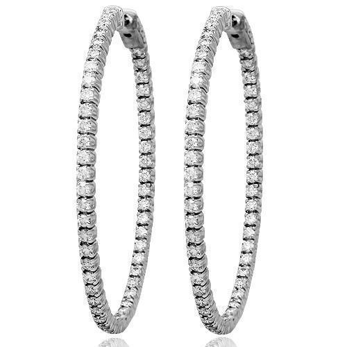 14K Solid White Gold Womens Diamond Hoop Earrings 3.00 Ctw