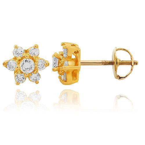 Yellow 14K Solid Yellow Gold Diamond Cluster Stud Earrings 1.00 Ctw