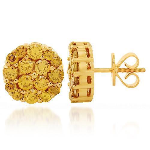 14K Solid Yellow Gold Diamond Cluster Stud Earrings with Yellow Diamonds 3.50 Ctw