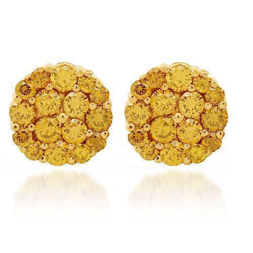 14K Solid Yellow Gold Diamond Cluster Stud Earrings with Yellow Diamonds 3.50 Ctw