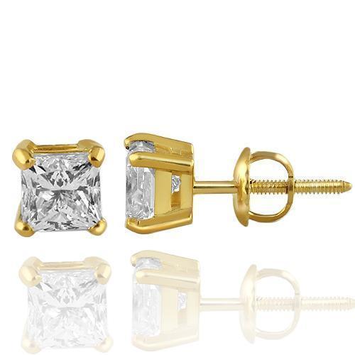 14K Solid Yellow Gold GAI Certified Diamond Stud 4-Prong Earrings 1.86 Ctw
