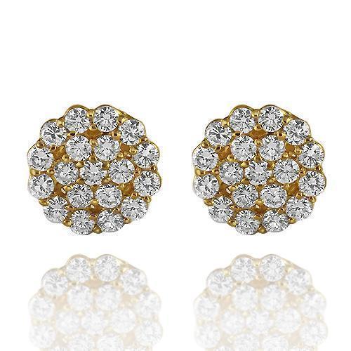 14K Solid Yellow Gold Round Cut Diamond Cluster Earrings 3.00 Ctw