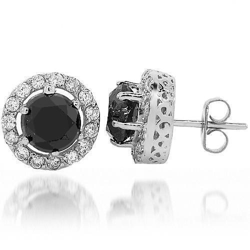 14K White Solid Gold Black Diamond Stud Earrings 6.50 Ctw