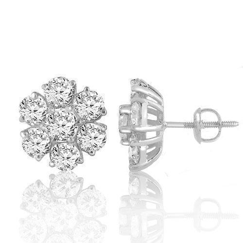 14K White Solid Gold Clarity Enhanced Diamond Cluster Earrings 4.00 Ctw