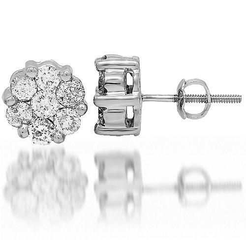White 14K White Solid Gold Diamond Cluster Stud Earrings 2.00 Ctw
