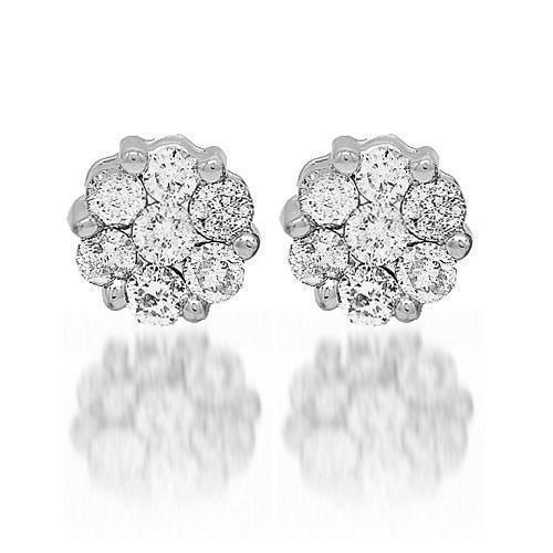 White 14K White Solid Gold Diamond Cluster Stud Earrings 2.00 Ctw