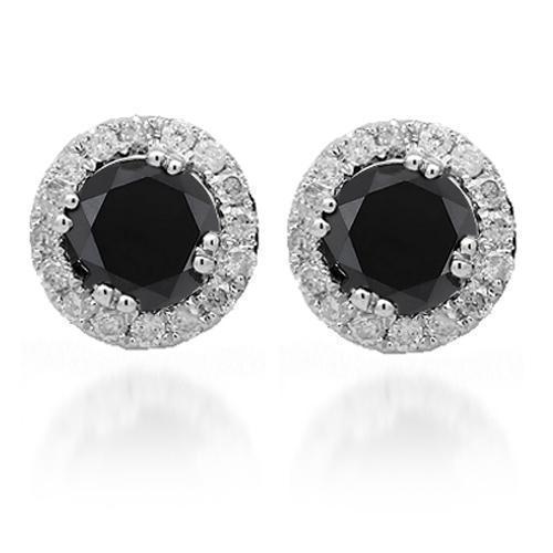 White 14K White Solid Gold Diamond Stud Earrings with Black Diamonds 1.50 Ctw