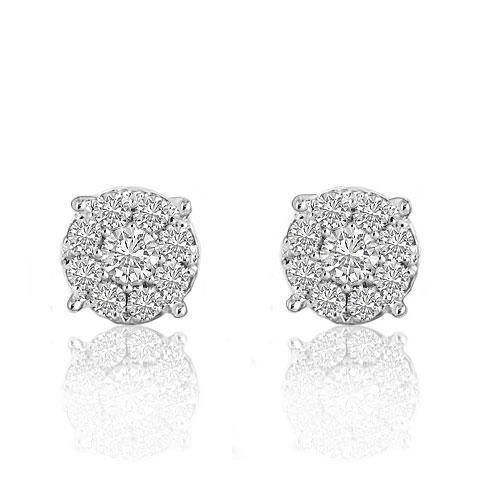 White 14K White Solid Gold Round Cut Diamond Cluster Earrings 0.81 Ctw