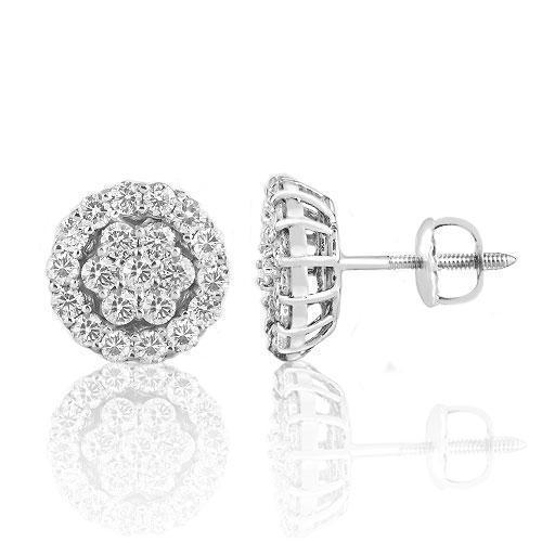 White 14K White Solid Gold Round Cut Diamond Cluster Earrings 0.87 Ctw