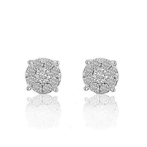 White 14K White Solid Gold Round Cut Diamond Cluster Earrings 0.91 Ctw