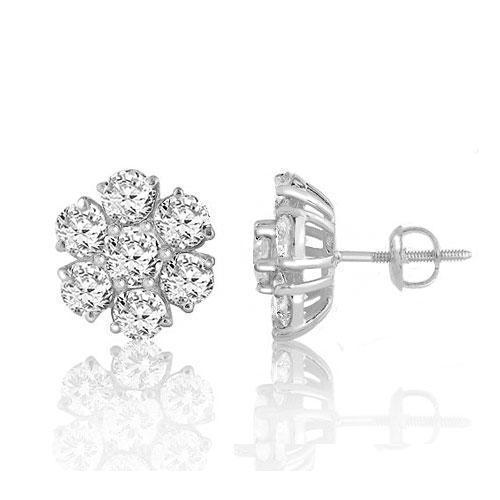 White 14K White Solid Gold Round Cut Prong Diamond Cluster Earrings 0.90 Ctw