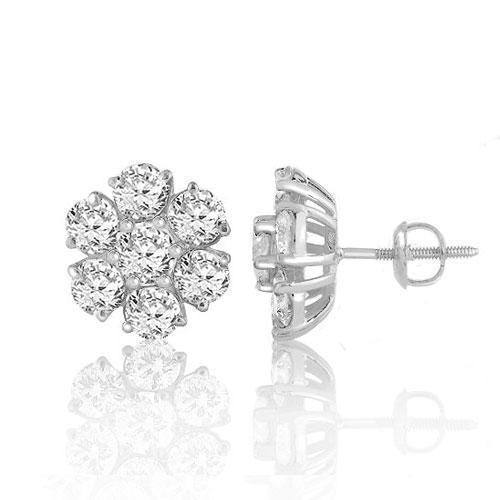 White 14K White Solid Gold Round Cut Prong Diamond Cluster Earrings 1.30 Ctw