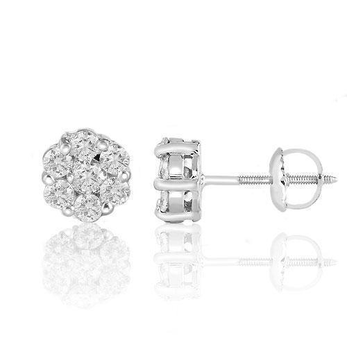 White 14K White Solid Gold Round Cut Prong Diamond Cluster Earrings 1.40 Ctw
