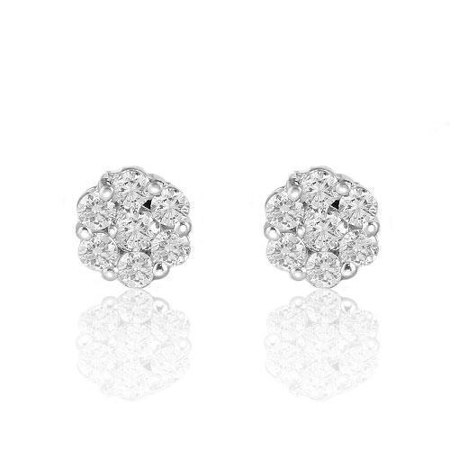 White 14K White Solid Gold Round Cut Prong Diamond Cluster Earrings 1.40 Ctw