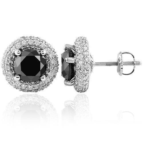 14K White Solid Gold Unisex Diamond Four Prong Stud Earrings With Black Diamonds 1.55 Ctw