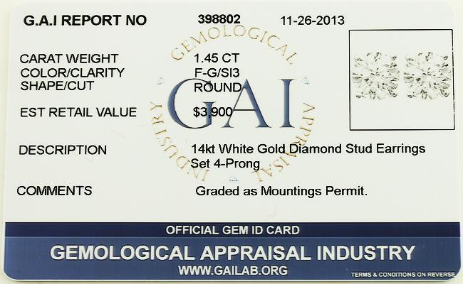 14K White Solid Gold Unisex Four Prong Diamond Stud Earrings 1.45 Ctw