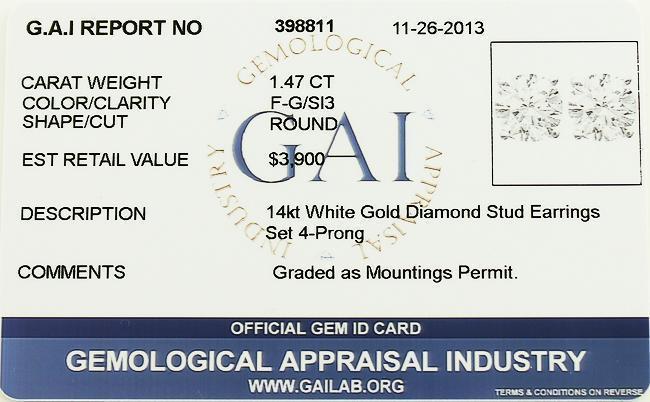 14K White Solid Gold Unisex Four Prong Diamond Stud Earrings 1.47 Ctw