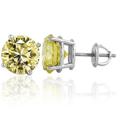 14K White Solid Gold Unisex Four Prong Diamond Stud Earrings With Yellow Diamonds 7.80 Ctw