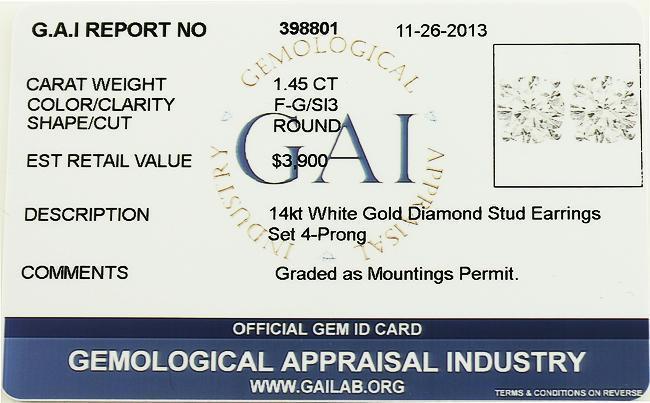14K White Solid Gold Unisex Four Prong Stunning Diamond Stud Earrings 1.45 Ctw