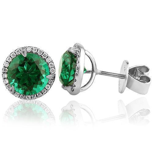 White 14K White Solid Gold Womens Diamond Stud Earrings With Emerald Center Stone 0.45 Ctw