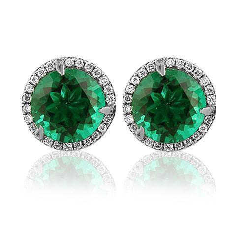 White 14K White Solid Gold Womens Diamond Stud Earrings With Emerald Center Stone 0.45 Ctw