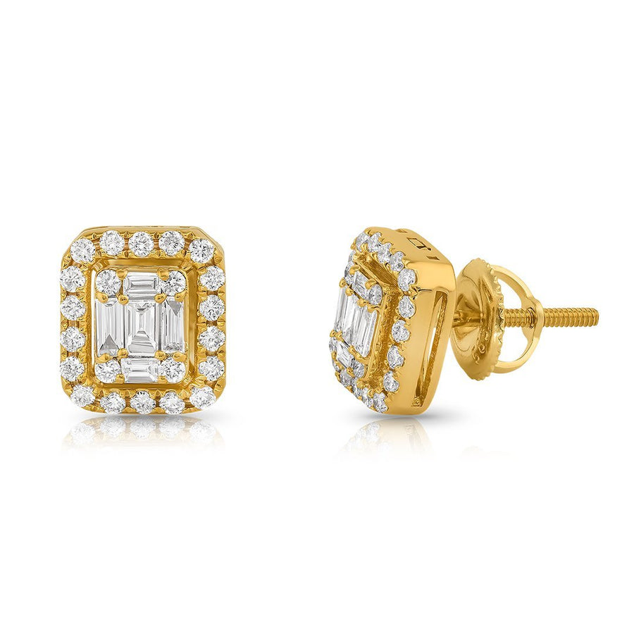 14K Yellow Gold Emerald and Round Cut Diamond Earrings 1.50 Ctw