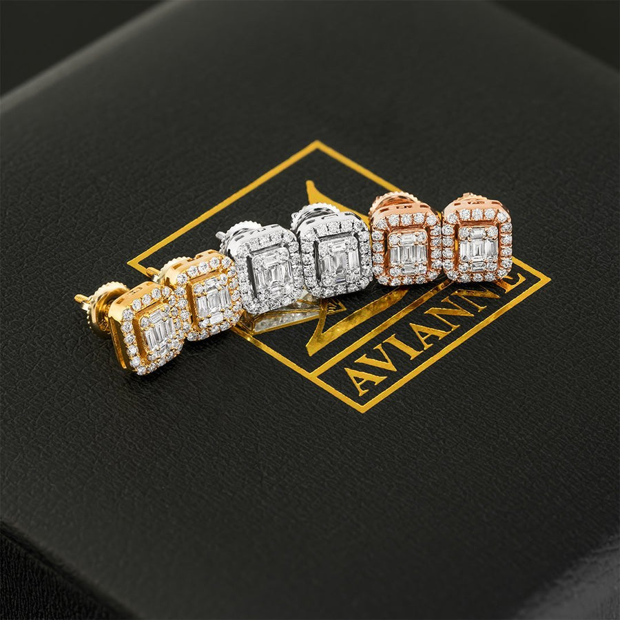 14K Yellow Gold Emerald and Round Cut Diamond Earrings 1.50 Ctw
