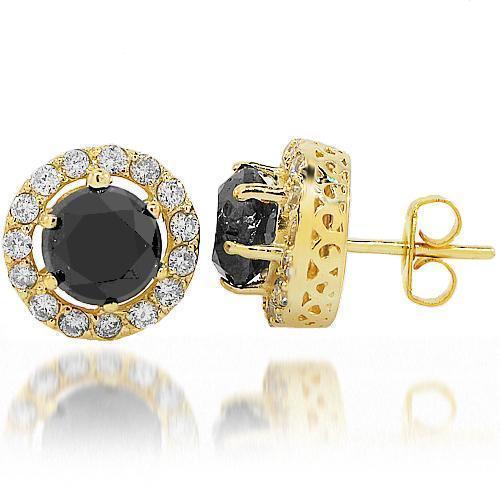 14K Yellow Solid Gold Black Diamond Stud Earrings 6.50 Ctw