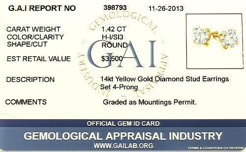 14K Yellow Solid Gold Classic Unisex Diamond Four Prong Stud Earrings 1.42 Ctw