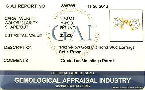 14K Yellow Solid Gold Unisex Diamond Four Prong Studd Earrings 1.40 Ctw