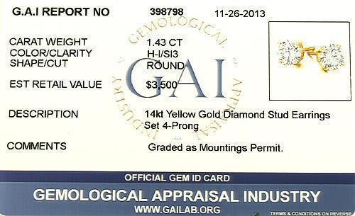 14K Yellow Solid Gold Unisex Diamond Four Prong Studd Earrings 1.43 Ctw