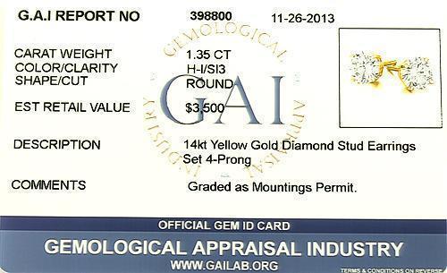 14K Yellow Solid Gold Unisex Diamond Stud Earrings 1.35 Ctw