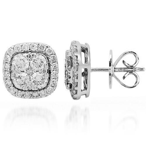 18K Solid White Gold Diamond Stud Earrings 1.25 Ctw