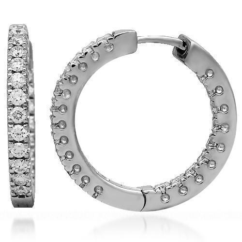 White 18K Solid White Gold Womens Diamond Hoop Earrings 1.00 Ctw