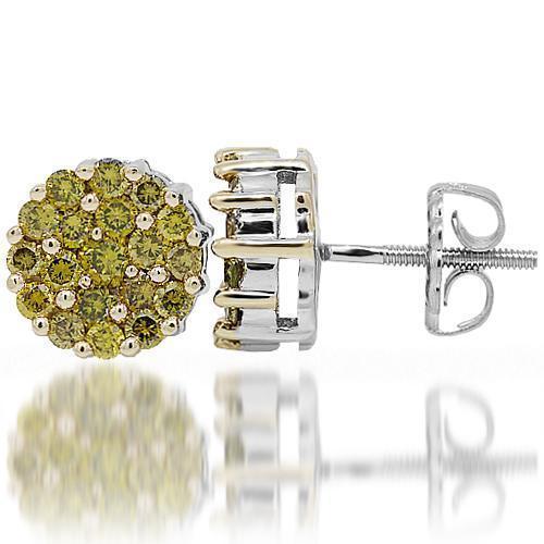 White Cluster Yellow Diamond Stud Earrings 1.50 Ctw in 14K White Solid Gold