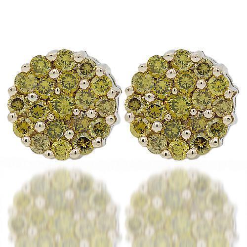 White Cluster Yellow Diamond Stud Earrings 1.50 Ctw in 14K White Solid Gold