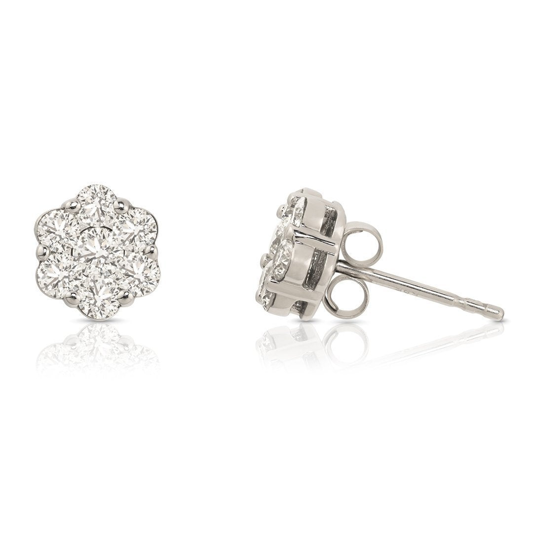 White Diamond Stud Cluster Earrings in 10k White Gold 1 Ctw