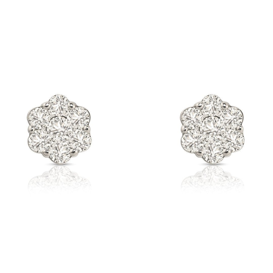 White Diamond Stud Cluster Earrings in 10k White Gold 1 Ctw