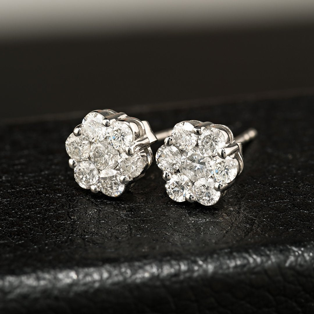 White Diamond Stud Cluster Earrings in 10k White Gold 1 Ctw