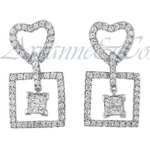White Princess Square Heart Diamond Earrings in 14k White Gold 1.53 Ctw
