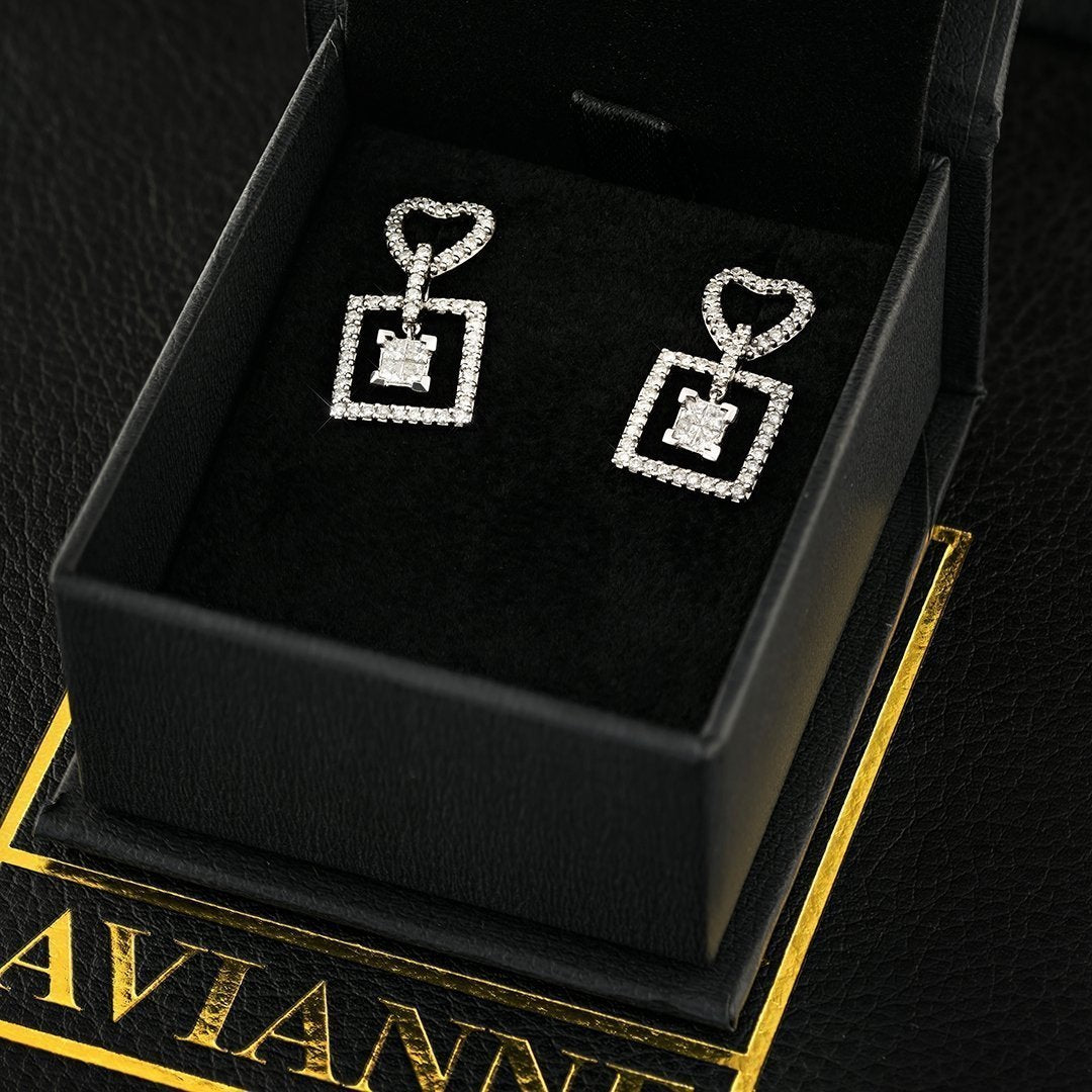 White Princess Square Heart Diamond Earrings in 14k White Gold 1.53 Ctw