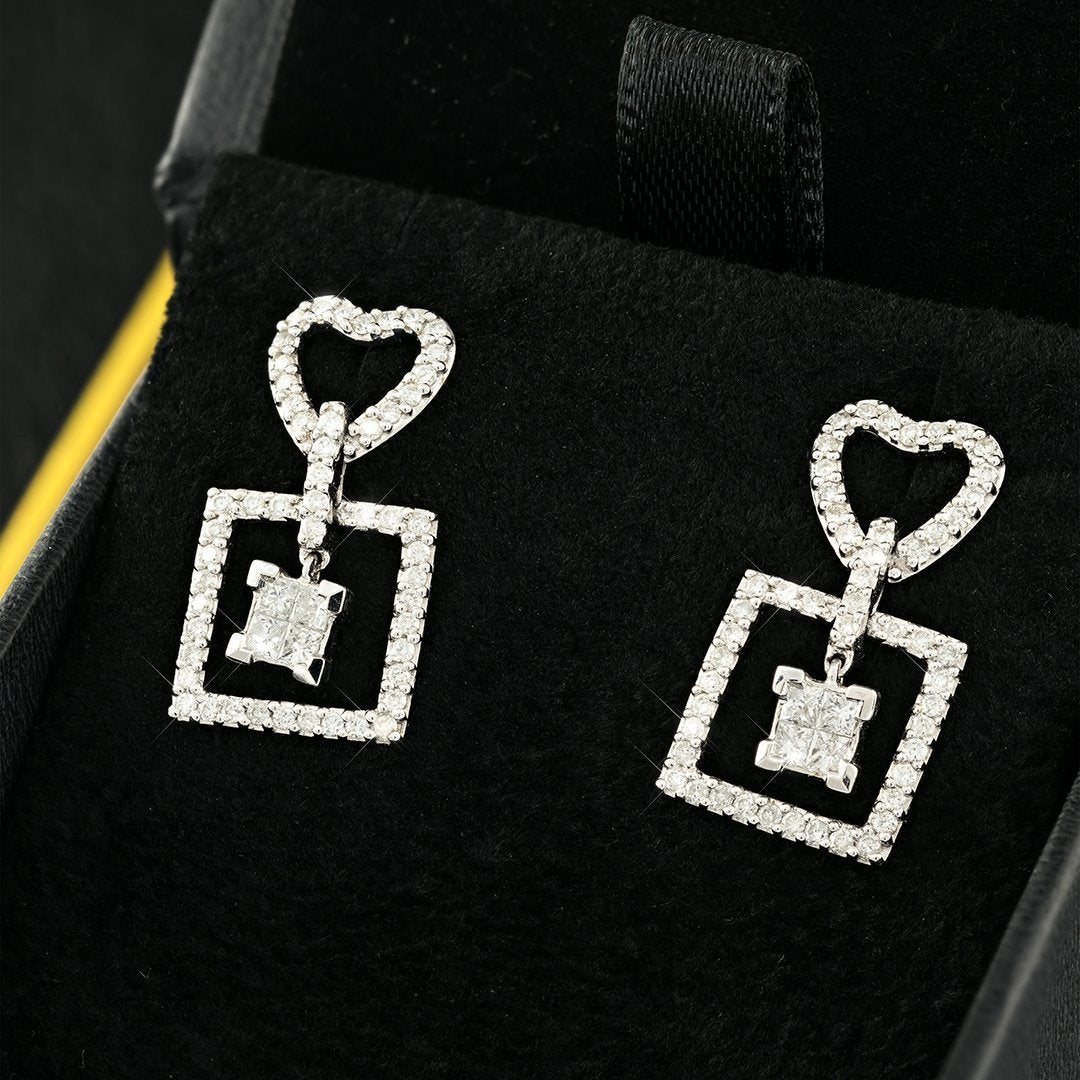 White Princess Square Heart Diamond Earrings in 14k White Gold 1.53 Ctw