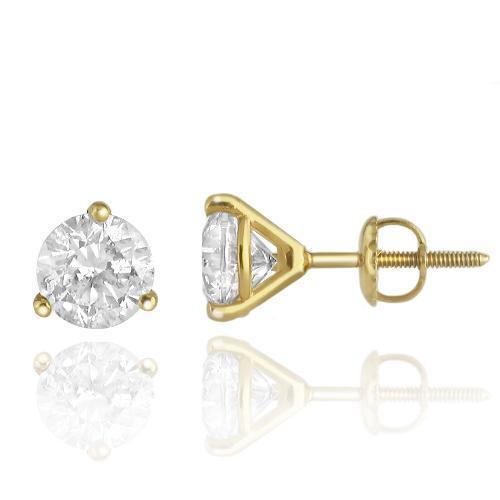 Solid Yellow Gold GAI Certified  Diamond Stud 3-Prong Earrings 3.01 Ctw