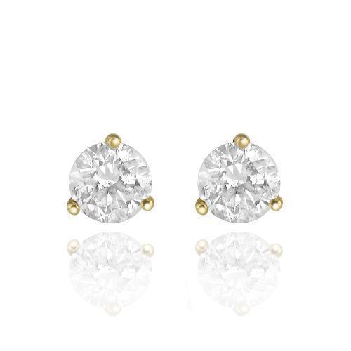 Solid Yellow Gold GAI Certified  Diamond Stud 3-Prong Earrings 3.01 Ctw