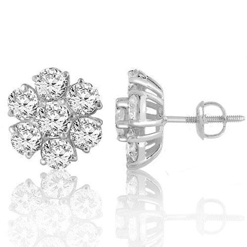 White Solid Gold Round Cut Prong Diamond Cluster Earrings 6.50 Ctw