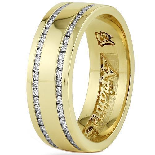 14K Yellow Solid Gold Mens Eternity Ring Band With Two Rows Of Diamonds 1.50 Ctw